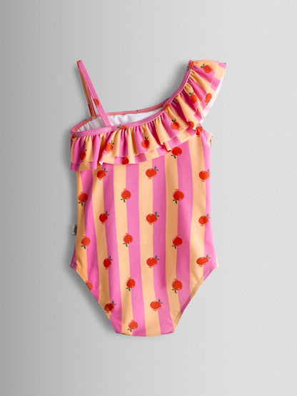 JoJo Maman Bébé Pink Orange Stripe Asymmetric Ruffle Swimsuit image 3