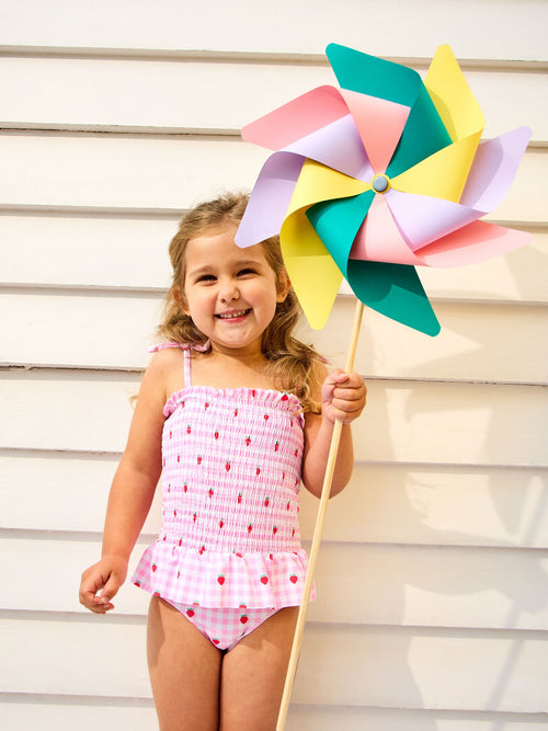 JoJo Maman Bébé Pink Cherry Gingham Shirred Tie Shoulder Swimsuit image 1