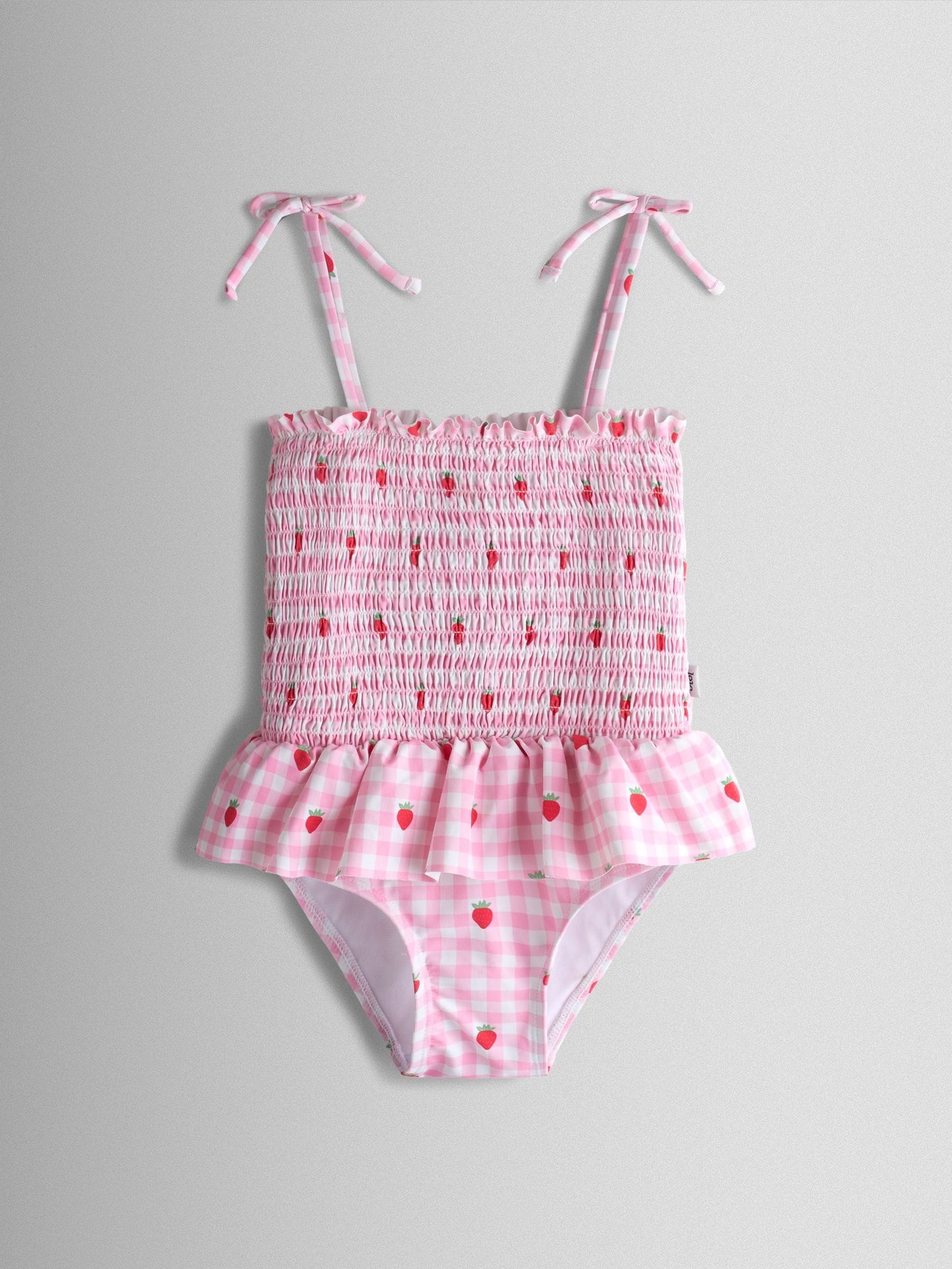 Dsiney Kidz - JoJo Maman Bébé Pink Strawberry Gingham Shirred Tie Shoulder Swimsuit image 2