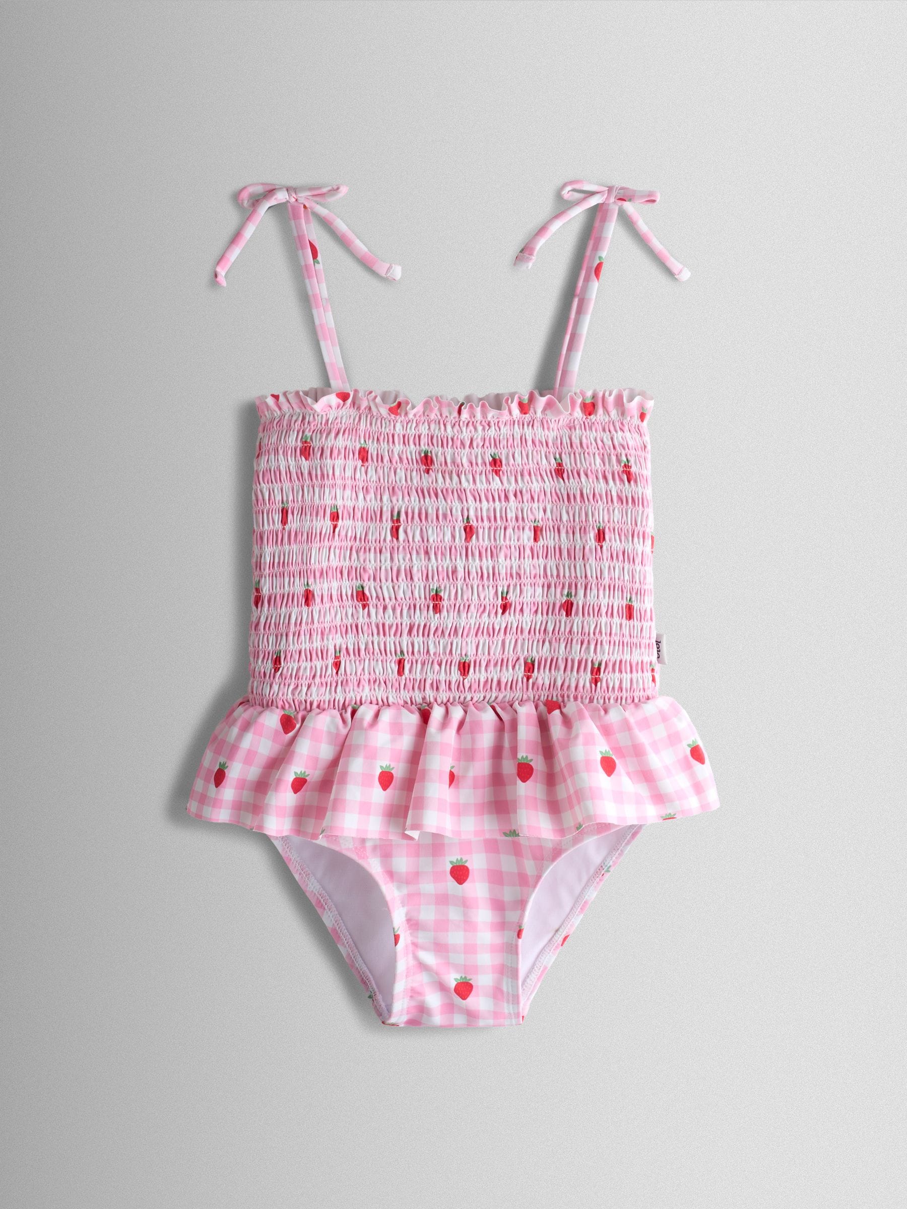 Dsiney Kidz - JoJo Maman Bébé Pink Strawberry Gingham Shirred Tie Shoulder Swimsuit image 2