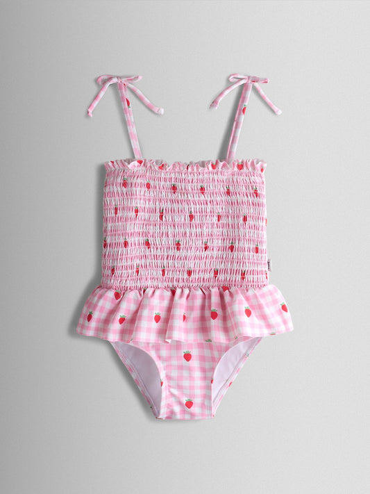 Dsiney Kidz - JoJo Maman Bébé Pink Strawberry Gingham Shirred Tie Shoulder Swimsuit image 2