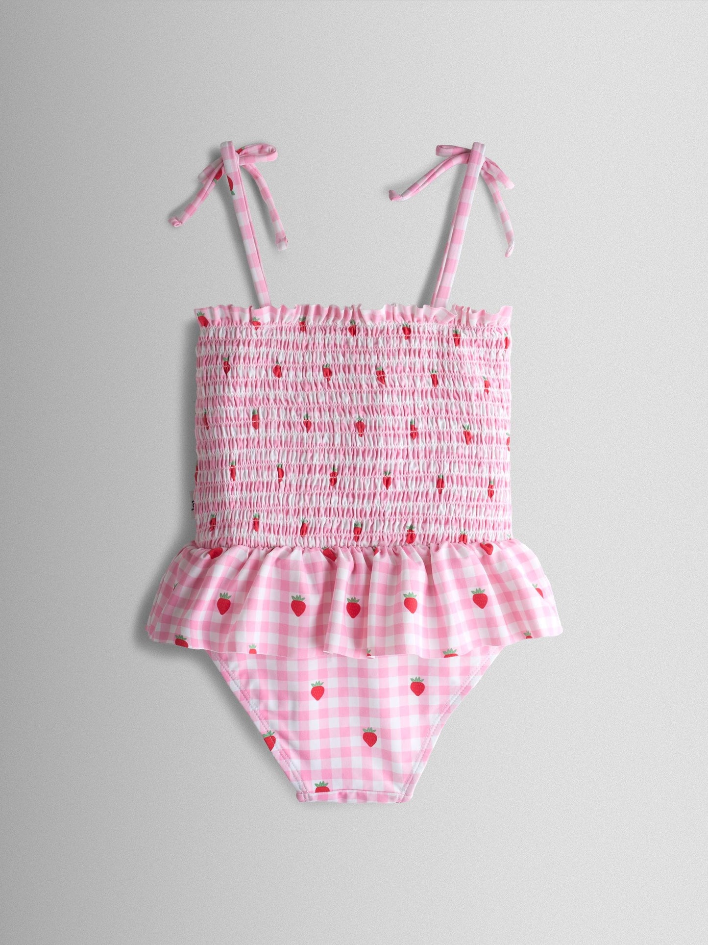 Dsiney Kidz - JoJo Maman Bébé Pink Strawberry Gingham Shirred Tie Shoulder Swimsuit image 3
