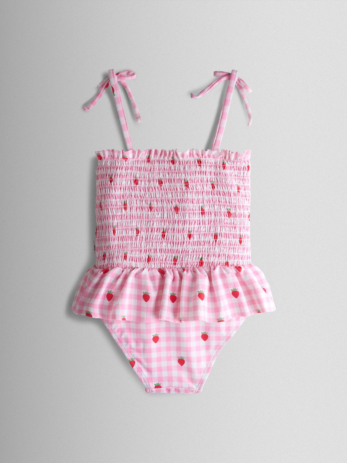 Dsiney Kidz - JoJo Maman Bébé Pink Strawberry Gingham Shirred Tie Shoulder Swimsuit image 3