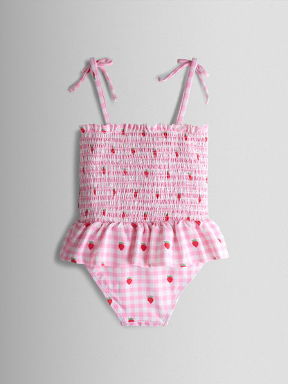 Dsiney Kidz - JoJo Maman Bébé Pink Strawberry Gingham Shirred Tie Shoulder Swimsuit image 3