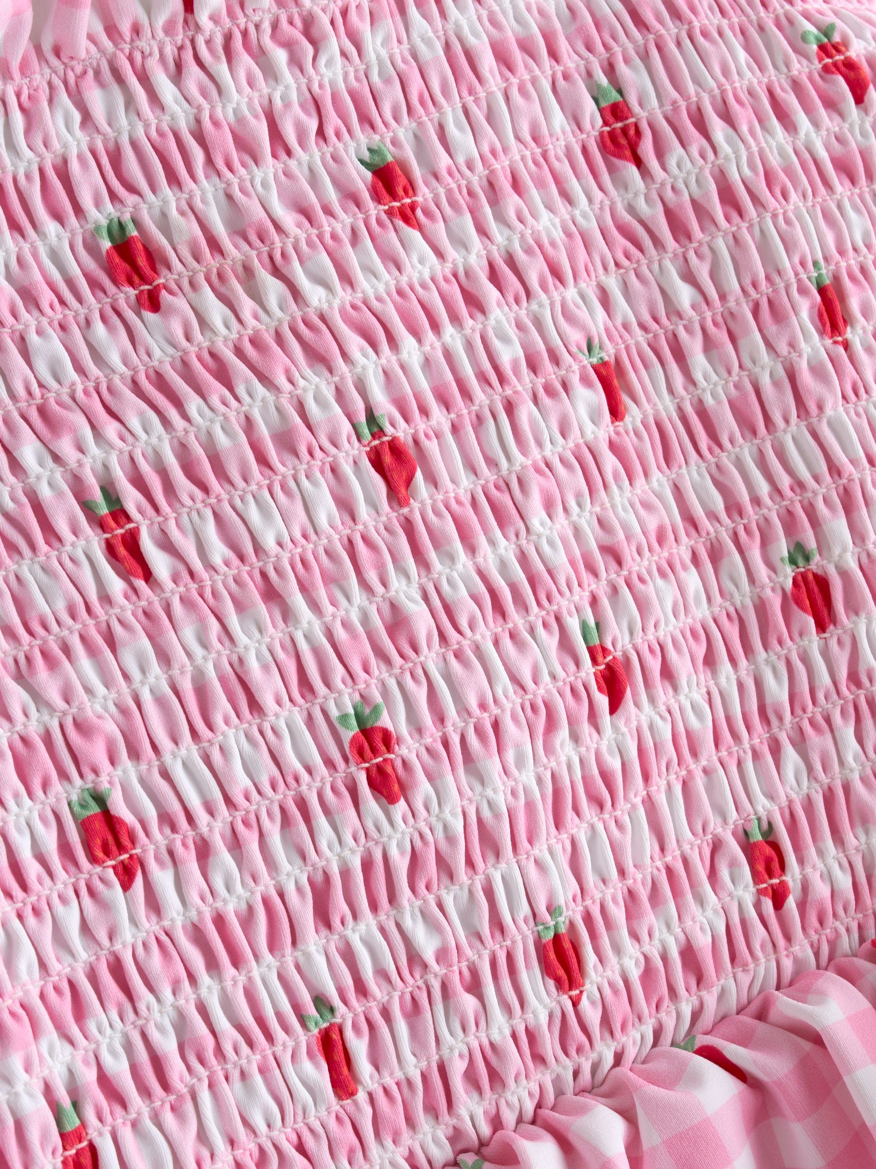 Dsiney Kidz - JoJo Maman Bébé Pink Strawberry Gingham Shirred Tie Shoulder Swimsuit image 4