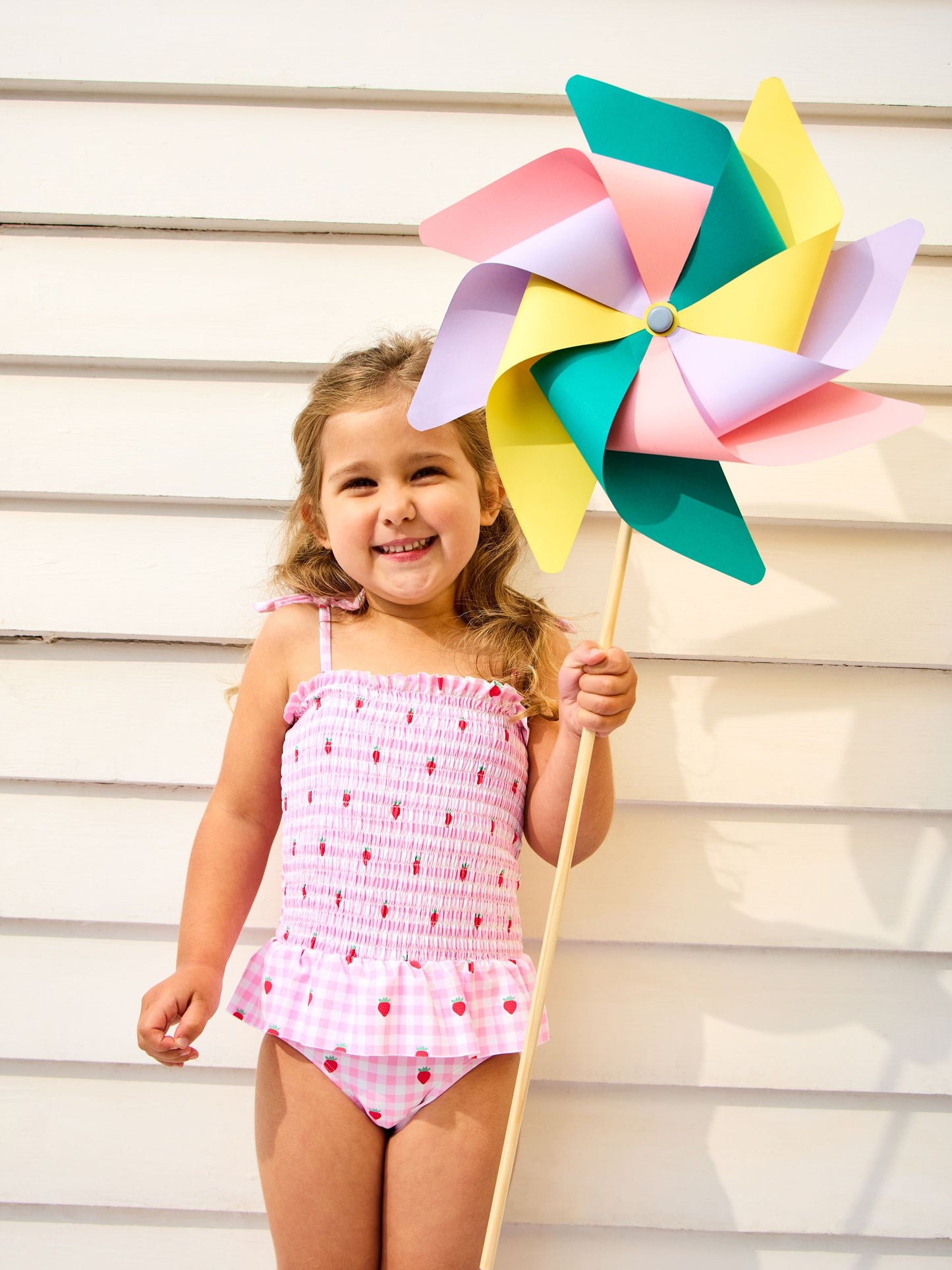 Dsiney Kidz - JoJo Maman Bébé Pink Strawberry Gingham Shirred Tie Shoulder Swimsuit image 1
