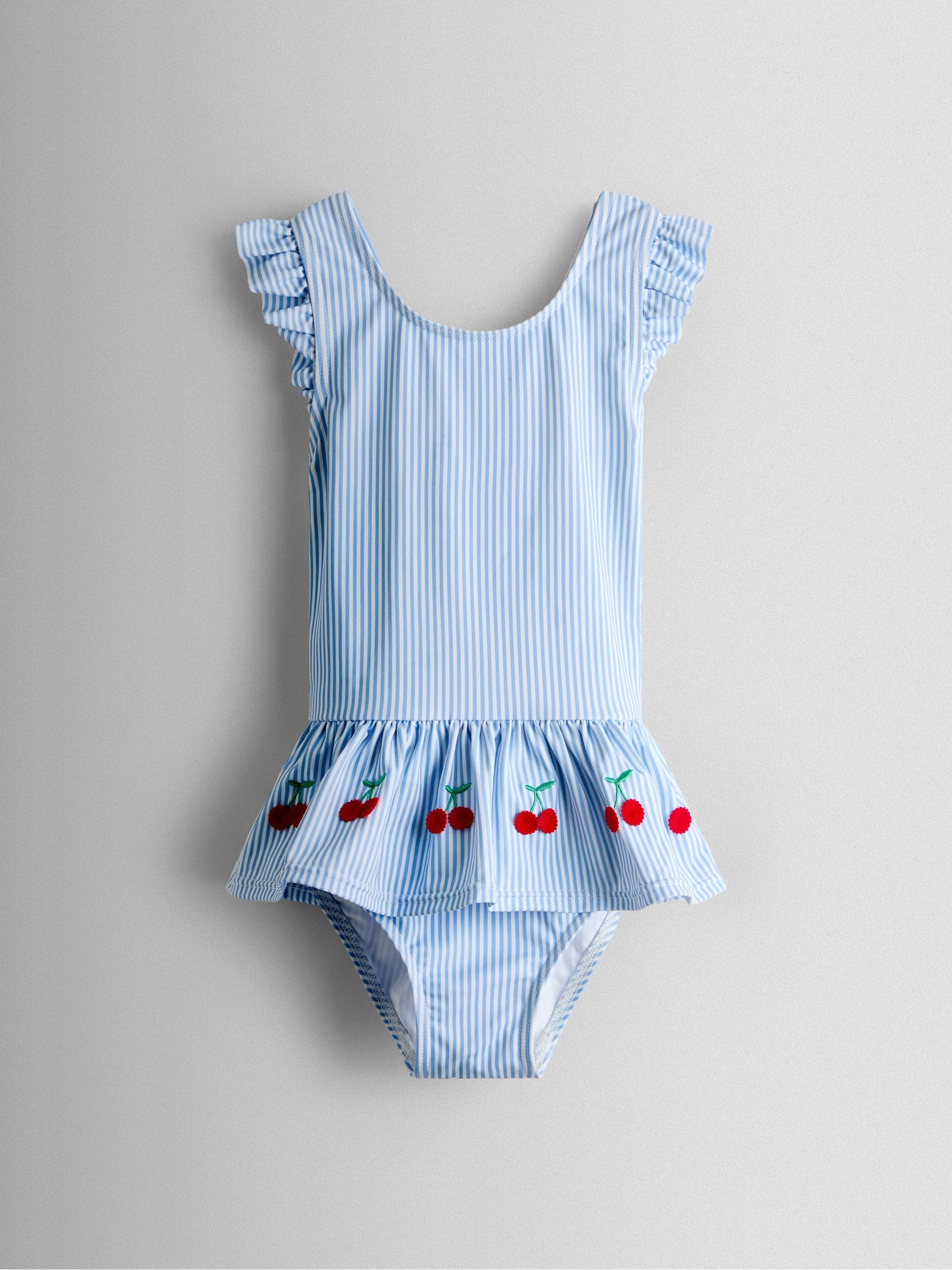 JoJo Maman Bébé Blue Stripe Cherry Frill Swimsuit image 2