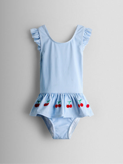 JoJo Maman Bébé Blue Stripe Cherry Frill Swimsuit image 2
