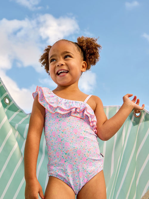 JoJo Maman Bébé Pink Neon Ditsy Floral Asymmetric Ruffle Swimsuit image 1