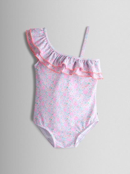 JoJo Maman Bébé Pink Neon Ditsy Floral Asymmetric Ruffle Swimsuit image 2