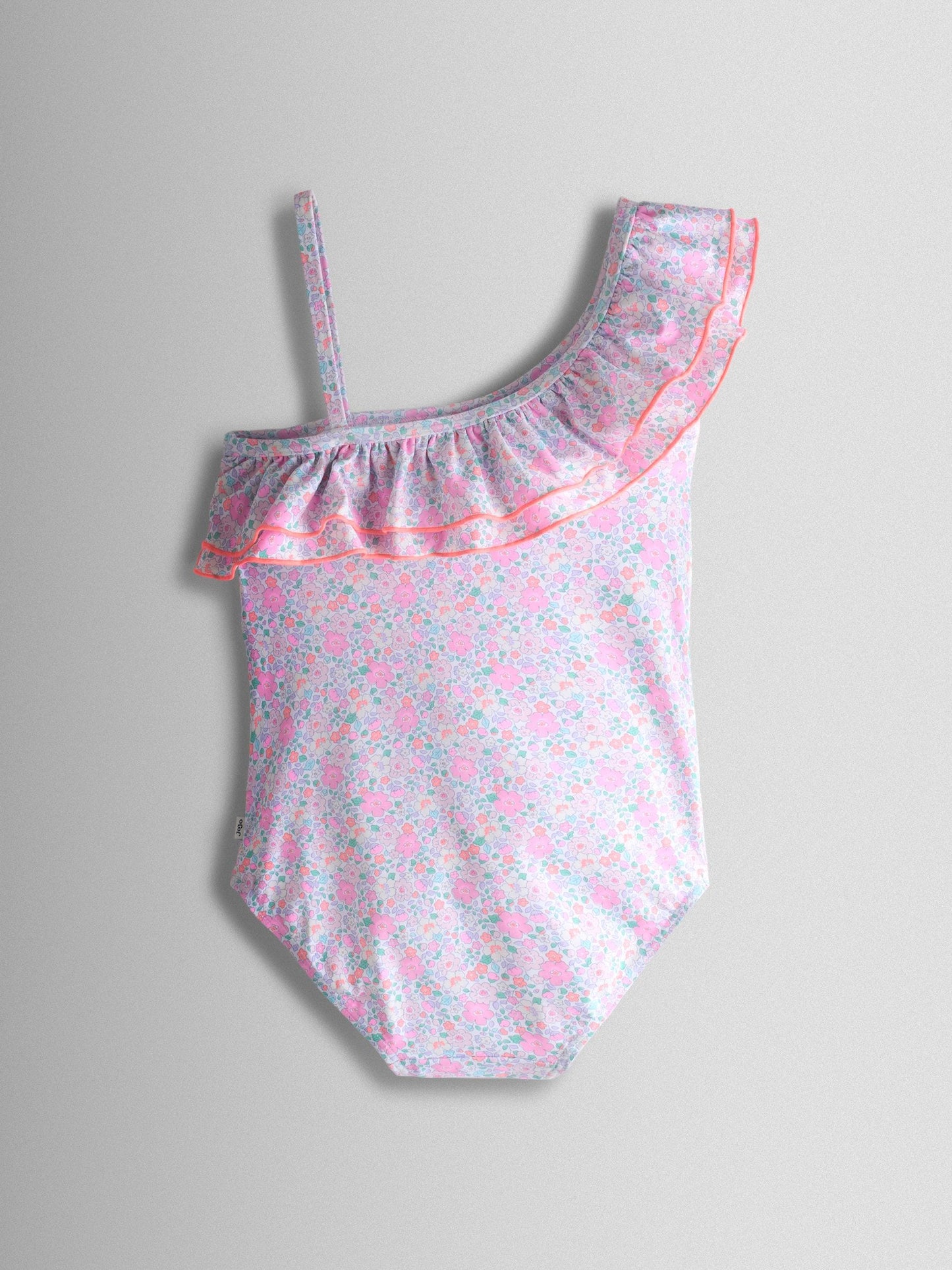 JoJo Maman Bébé Pink Neon Ditsy Floral Asymmetric Ruffle Swimsuit image 3
