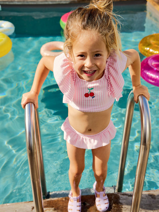 JoJo Maman Bébé Pink Cherry Stripe Textured 2-Piece Bikini Set image 1