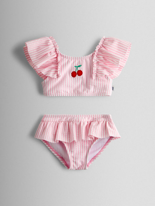 JoJo Maman Bébé Pink Cherry Stripe Textured 2-Piece Bikini Set image 2
