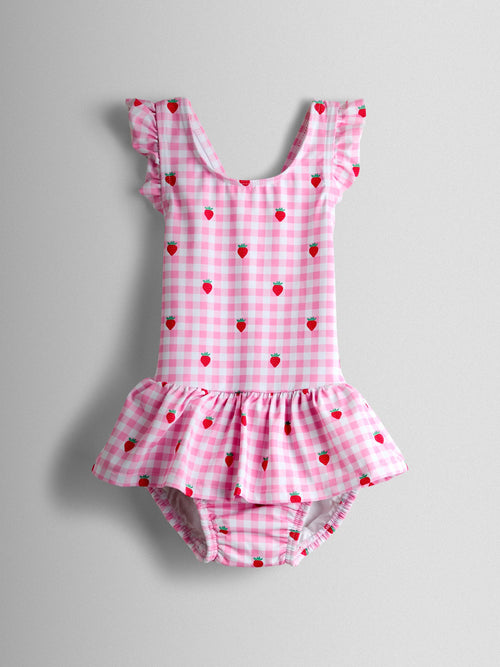 JoJo Maman Bébé Strawberry Gingham Swimsuit With Integral Nappy image 1