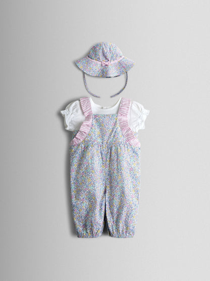 JoJo Maman Bébé Cream Floral Spliced Dungarees T-Shirt and Hat Set image 1