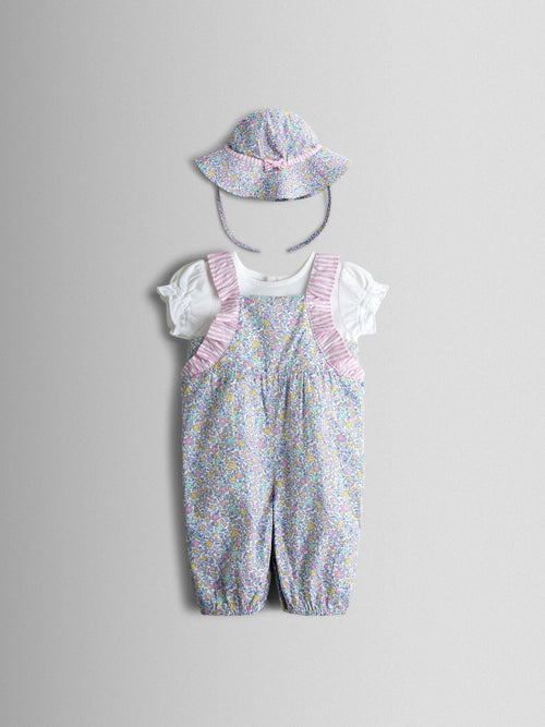 JoJo Maman Bébé Cream Floral Spliced Dungarees T-Shirt and Hat Set image 1