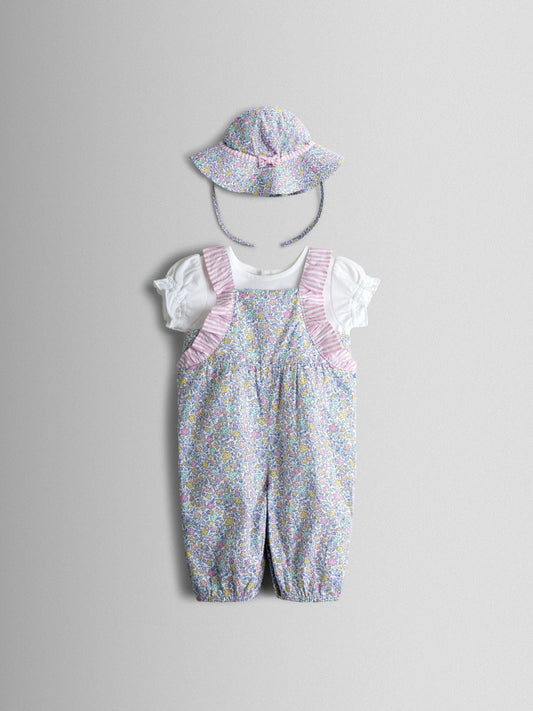 JoJo Maman Bébé Cream Floral Spliced Dungarees T-Shirt and Hat Set image 1
