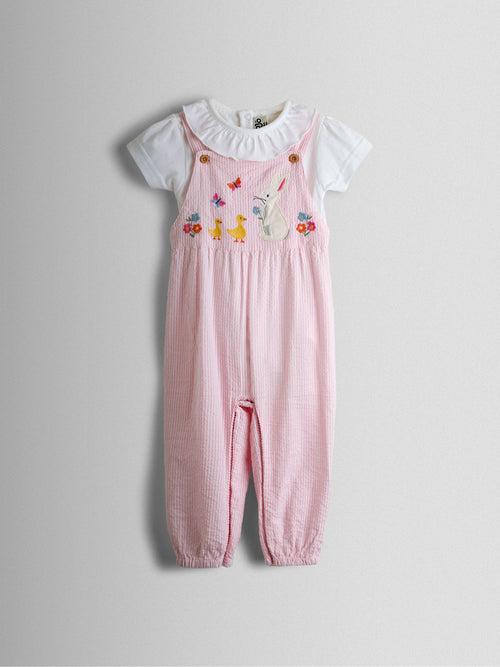 JoJo Maman Bébé Pink Bunny Embroidered Dungarees & Body Set image 1