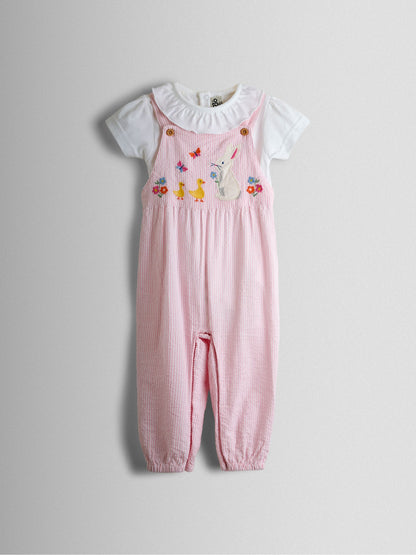 JoJo Maman Bébé Pink Bunny Embroidered Dungarees & Body Set image 1