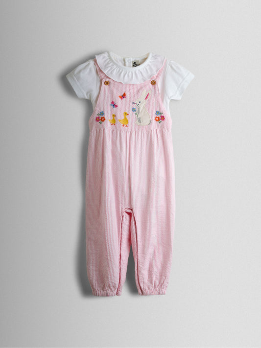 JoJo Maman Bébé Pink Bunny Embroidered Dungarees & Body Set image 1