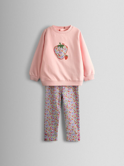 JoJo Maman Bébé Floral Pink Strawberry Appliqué Sweatshirt & Legging Set image 1