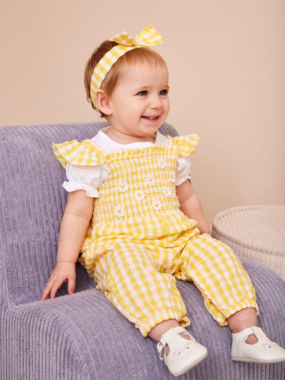 JoJo Maman Bébé Yellow Smocked Dungaree, T-Shirt & Headband Set image 1