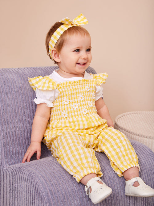 JoJo Maman Bébé Yellow Smocked Dungaree, T-Shirt & Headband Set image 1
