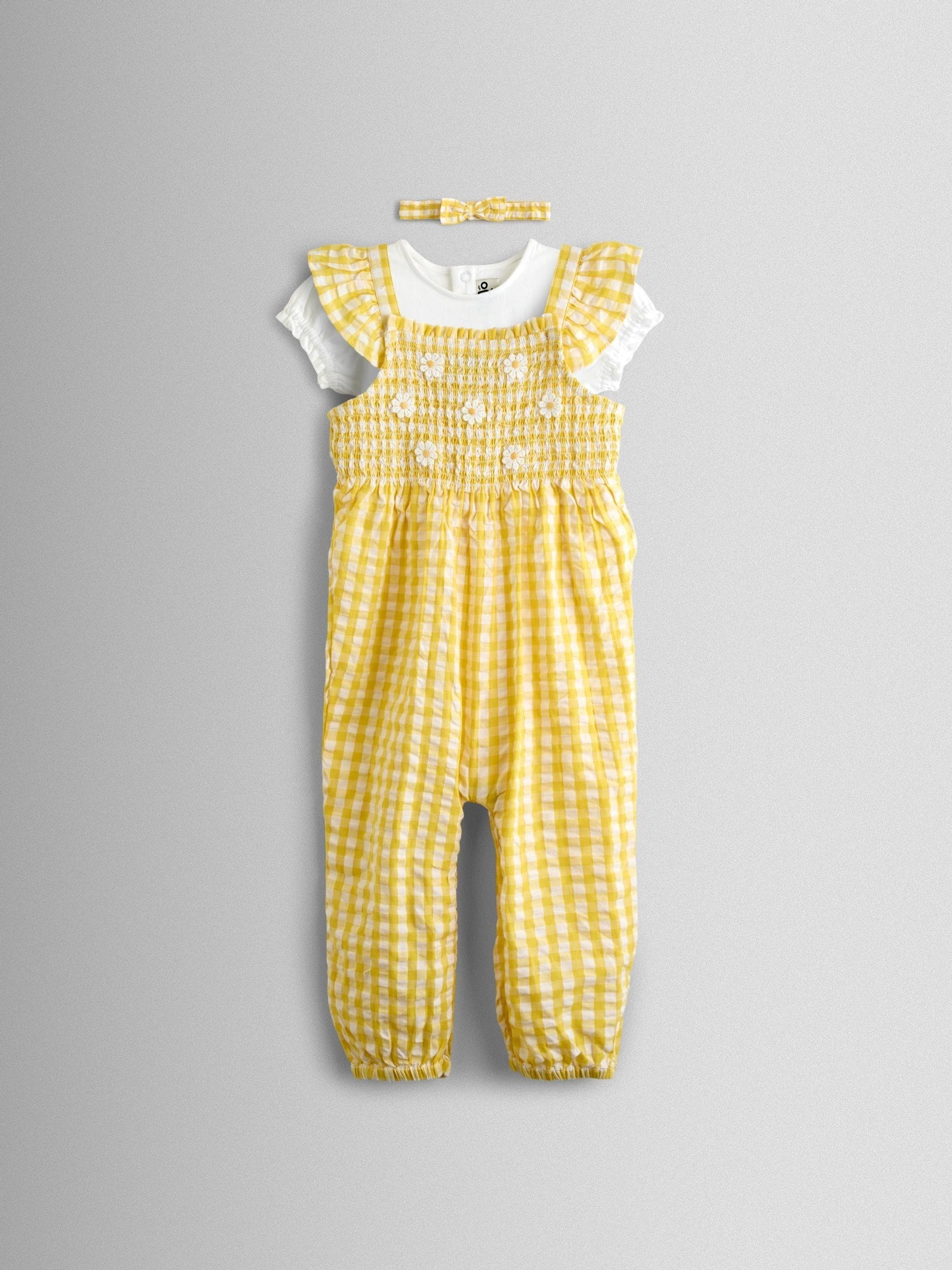 JoJo Maman Bébé Yellow Smocked Dungaree, T-Shirt & Headband Set image 2