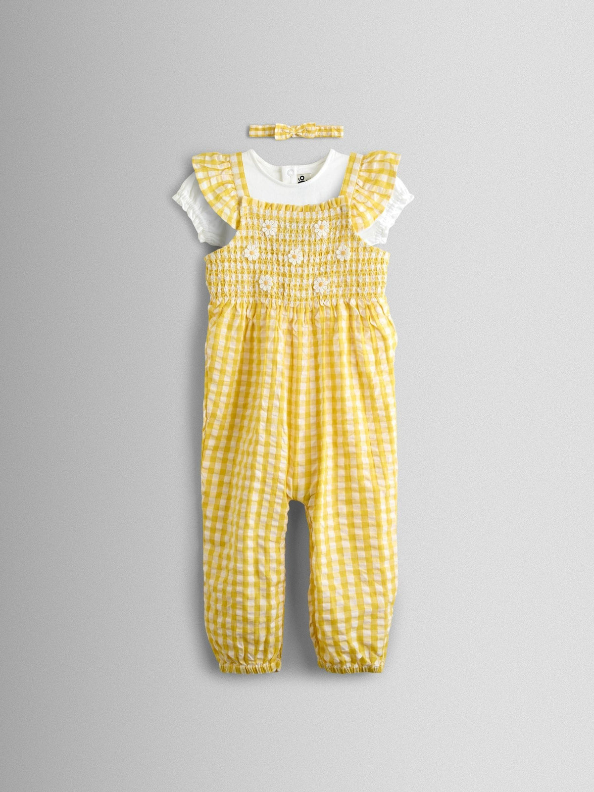 JoJo Maman Bébé Yellow Smocked Dungaree, T-Shirt & Headband Set image 2
