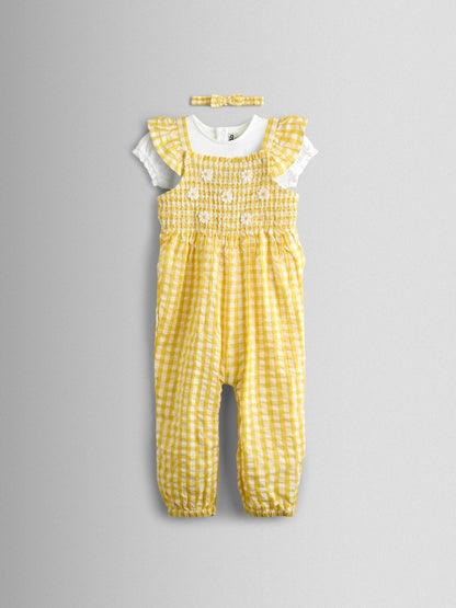 JoJo Maman Bébé Yellow Smocked Dungaree, T-Shirt & Headband Set image 2