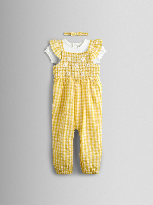 JoJo Maman Bébé Yellow Smocked Dungaree, T-Shirt & Headband Set image 2