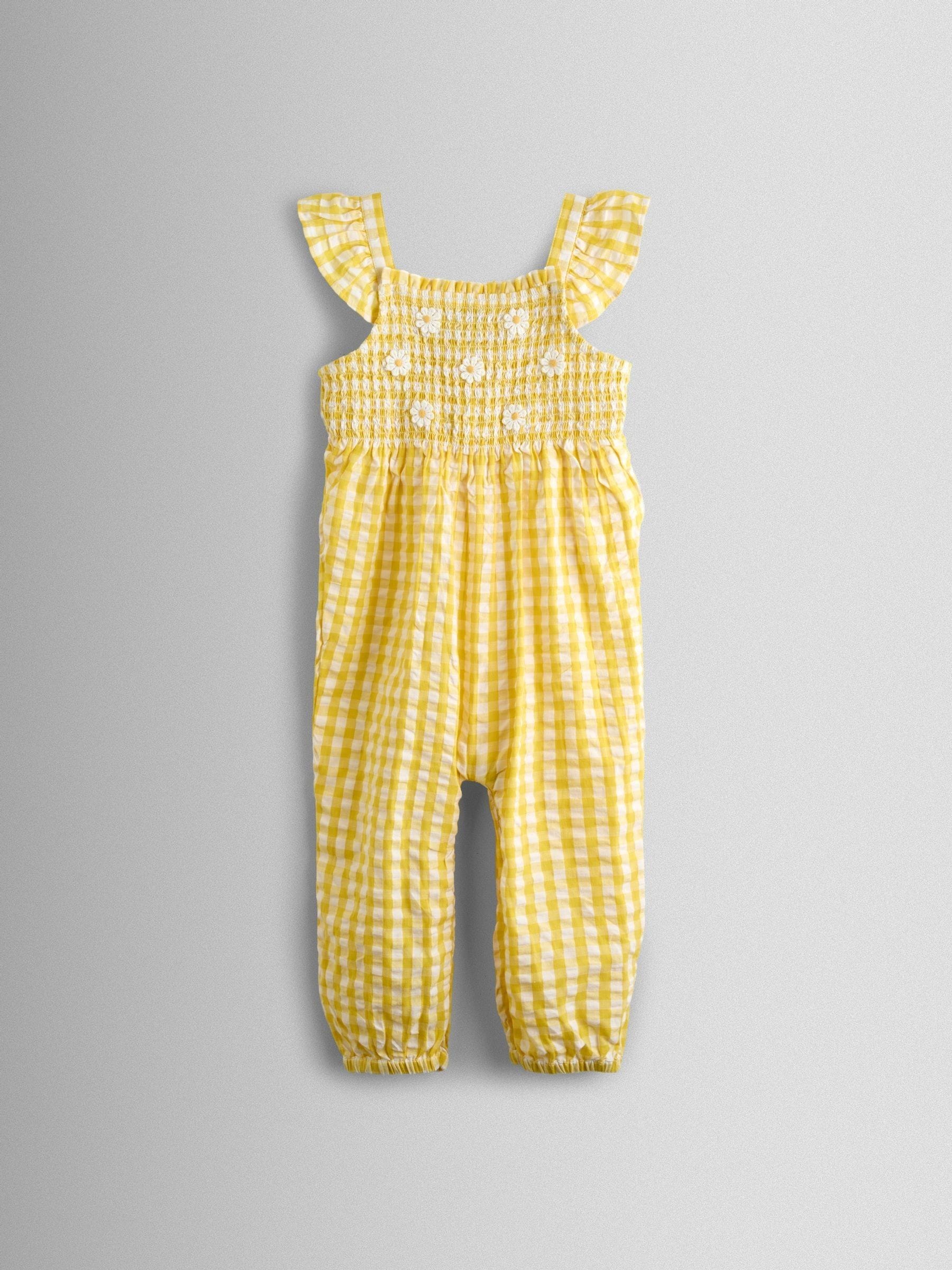 JoJo Maman Bébé Yellow Smocked Dungaree, T-Shirt & Headband Set image 3