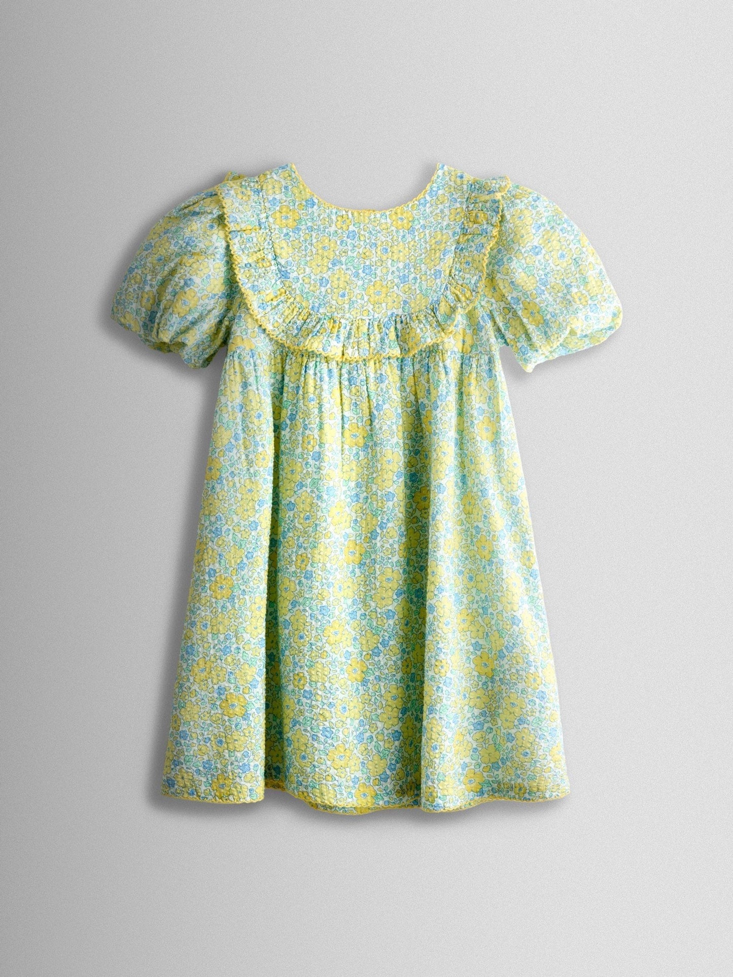 JoJo Maman Bébé Light Yellow Floral Seersucker Puff Sleeve Dress image 1