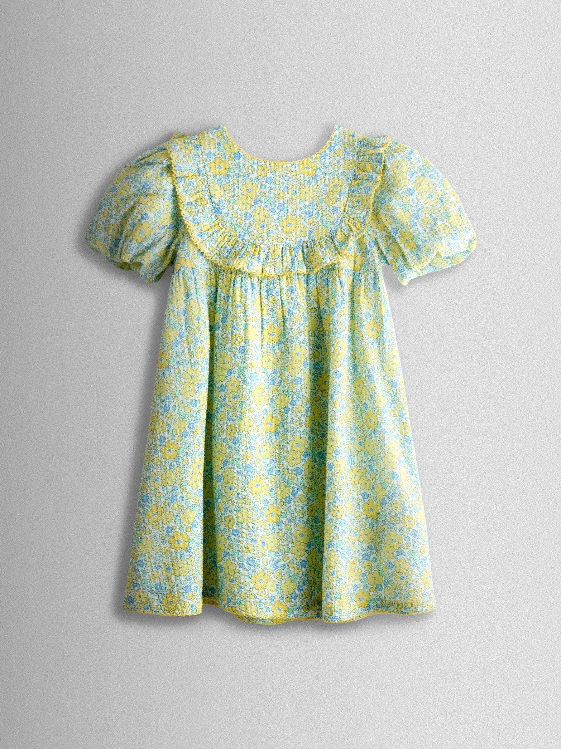 JoJo Maman Bébé Light Yellow Floral Seersucker Puff Sleeve Dress image 1