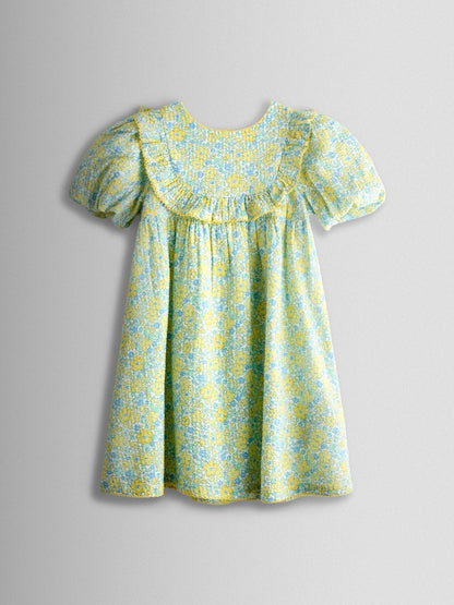 JoJo Maman Bébé Light Yellow Floral Seersucker Puff Sleeve Dress image 1