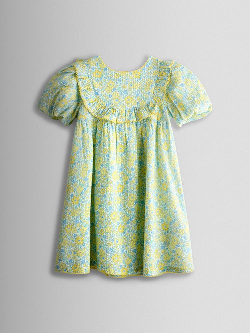 JoJo Maman Bébé Light Yellow Floral Seersucker Puff Sleeve Dress image 1