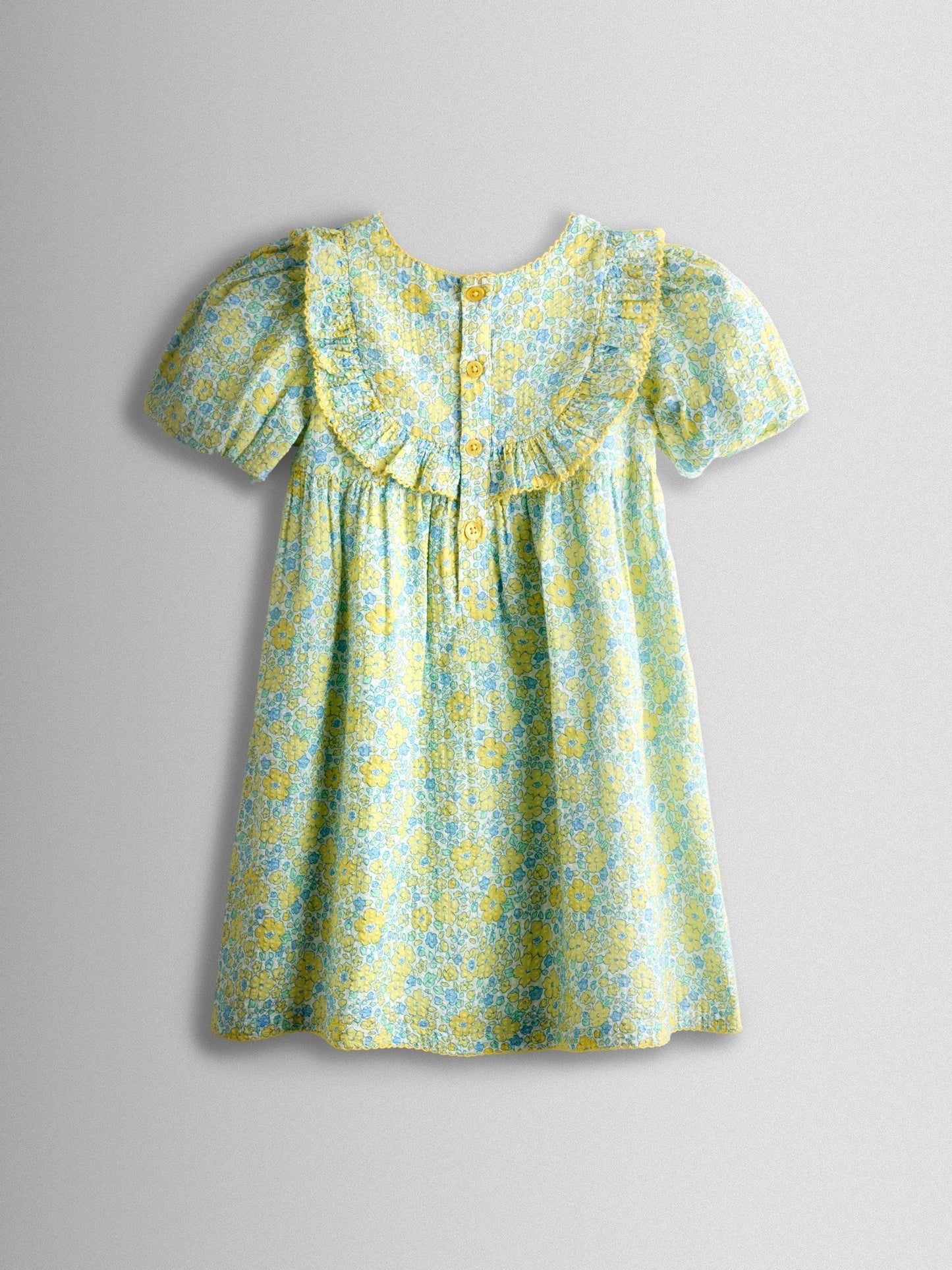 JoJo Maman Bébé Light Yellow Floral Seersucker Puff Sleeve Dress image 2