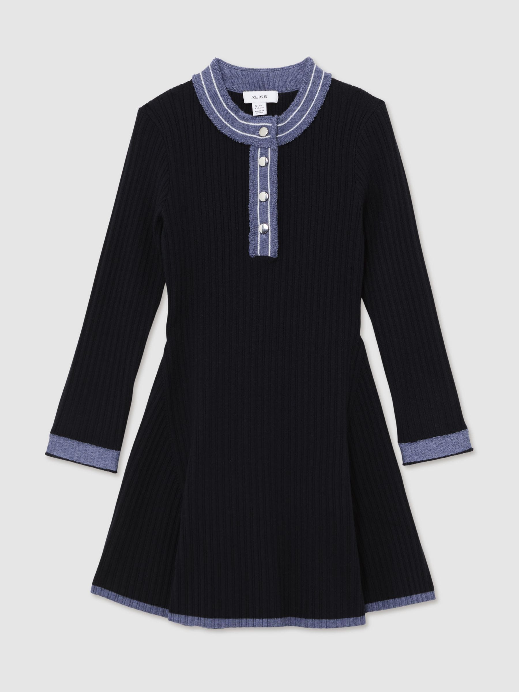 Reiss Navy Rudy 13-14 yrs Contrast-Trim Rib-Knit Skater Dress image 1