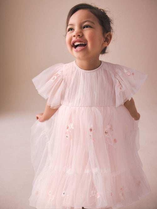 Dsiney Kidz - Pastel Pink Embroidered Mesh Occasion Dress (3mths-8yrs) image 1