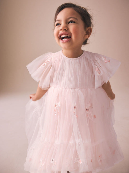 Pastel Pink Embroidered Mesh Occasion Dress (3mths-8yrs) image 1