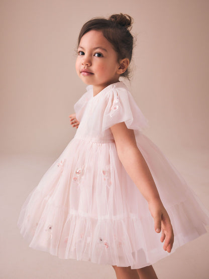 Pastel Pink Embroidered Mesh Occasion Dress (3mths-8yrs) image 2