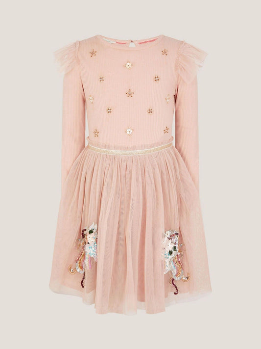 Monsoon Pink Unicorn Embellished Disco Dress - image 1