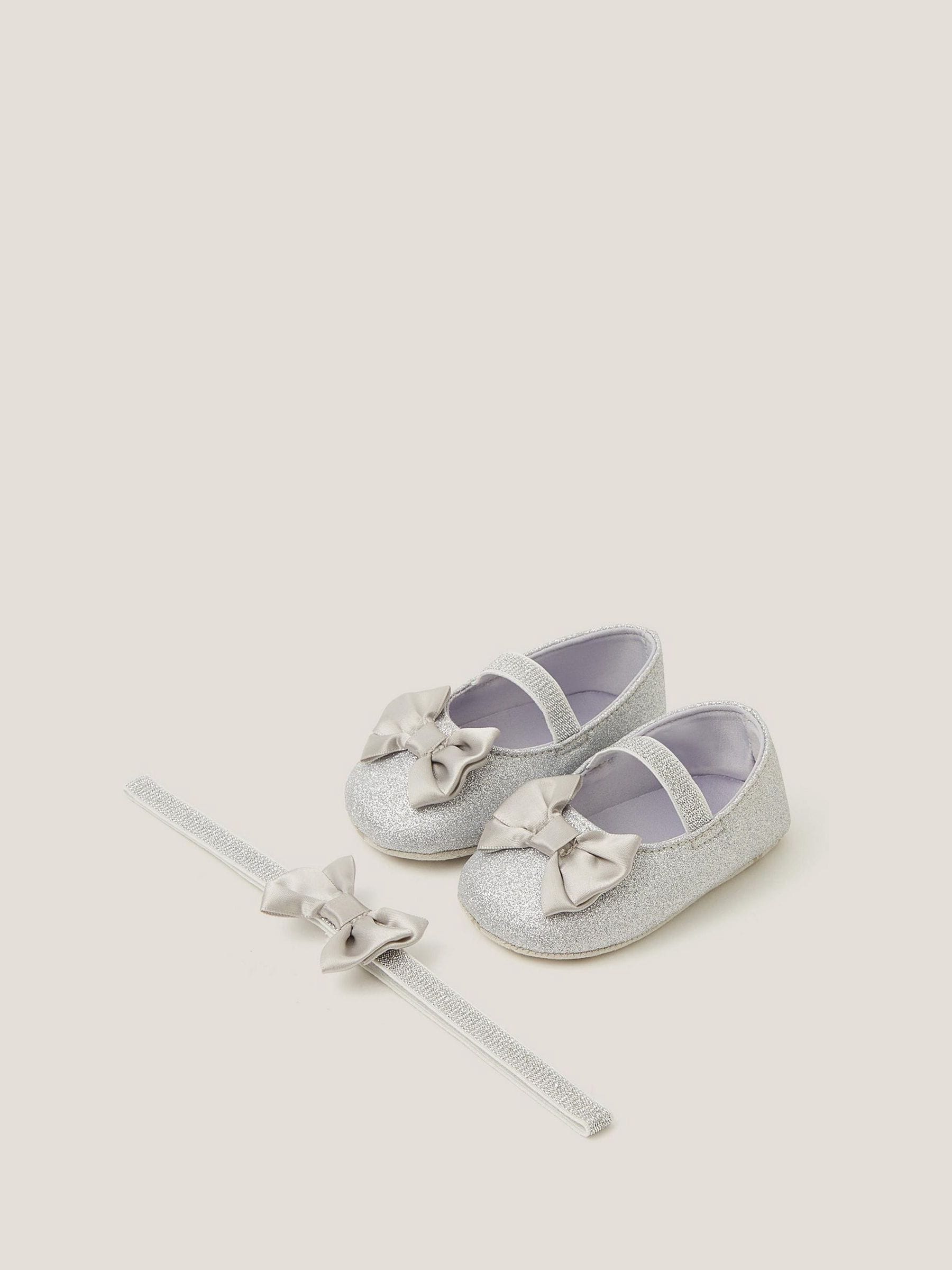 Monsoon Silver Baby Bow Glitter Booties & Headband Set image 1