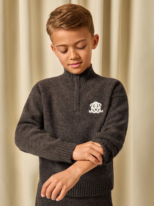 Reiss Chocolate Brown Curtis 3-9 yrs Monogram Relaxed Half-Zip Jumper