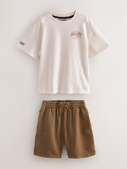 Superdry Brown/White T-Shirt and Shorts Set image 7
