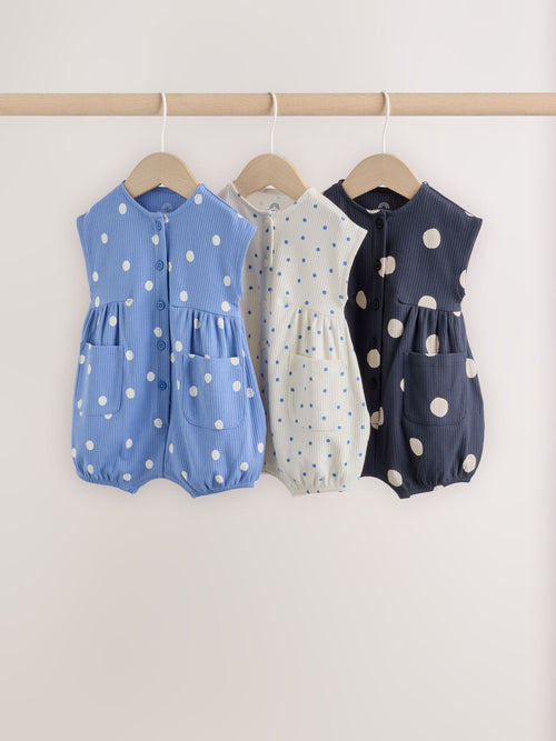 Blue/White Button Through Button Through Baby Rompers 3 Pack image 1