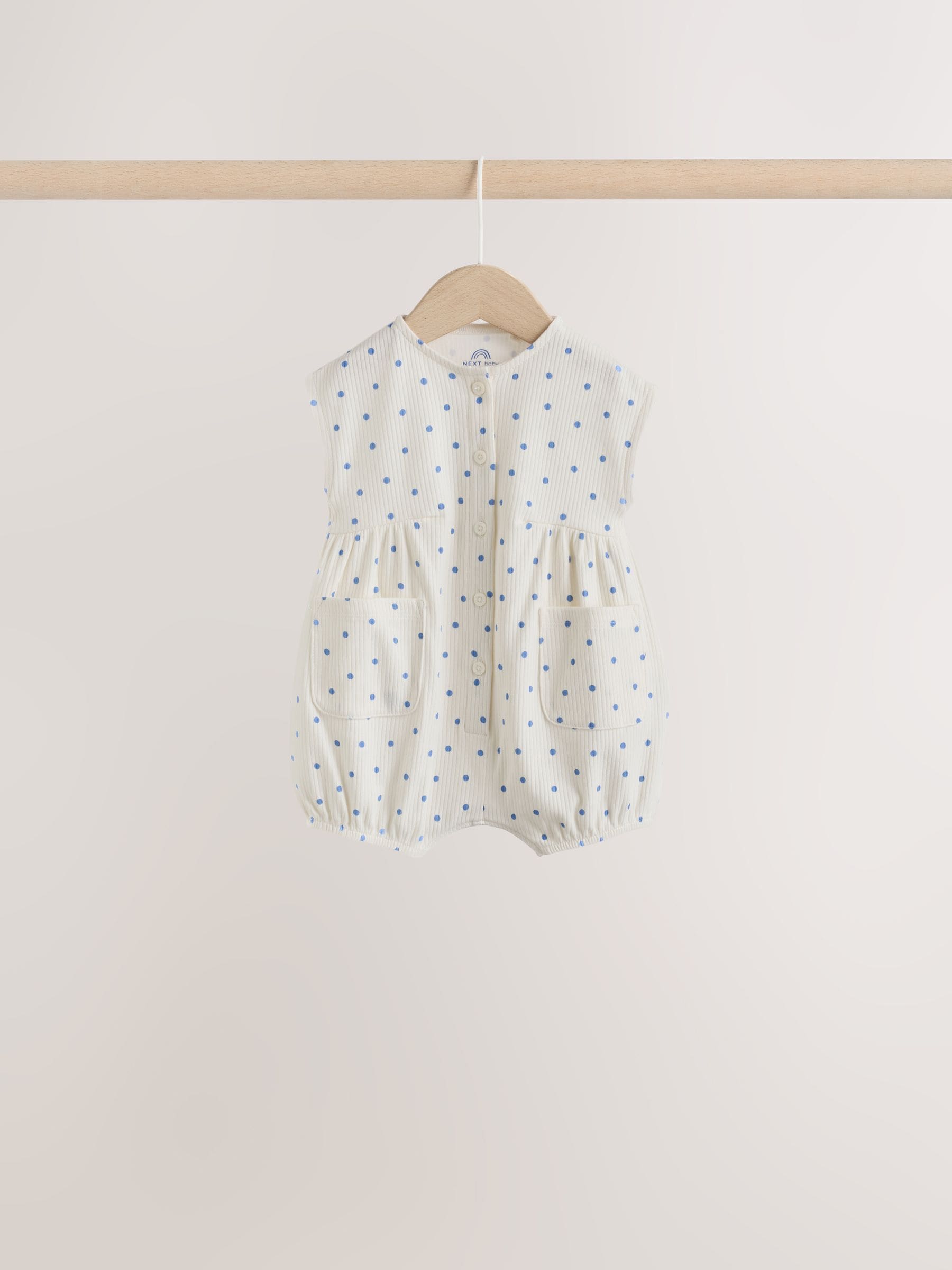 Blue/White Button Through Button Through Baby Rompers 3 Pack image 3