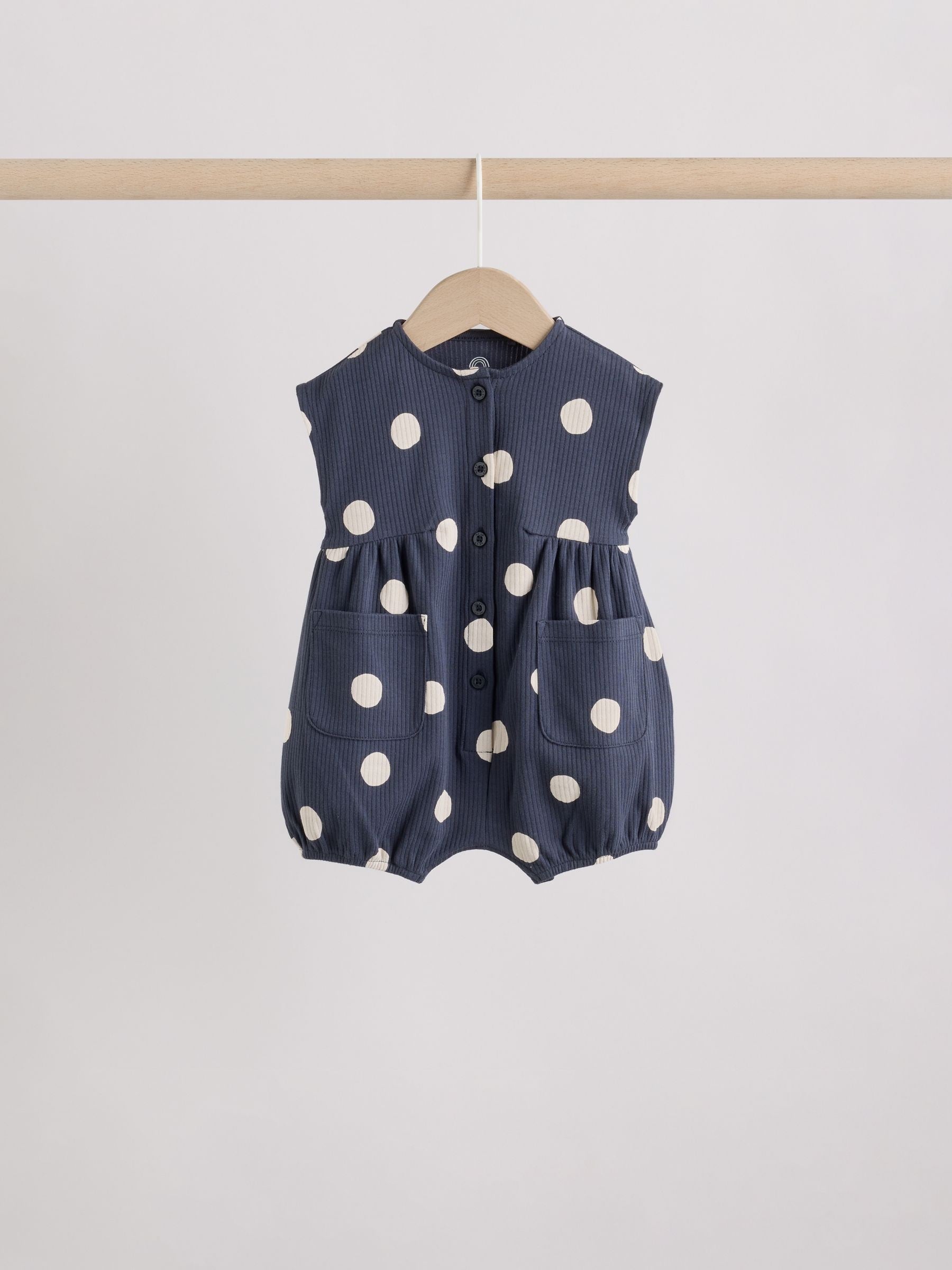 Blue/White Button Through Button Through Baby Rompers 3 Pack image 4