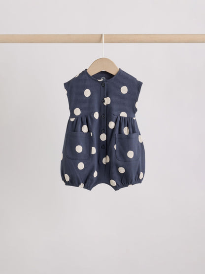 Blue/White Button Through Button Through Baby Rompers 3 Pack image 4