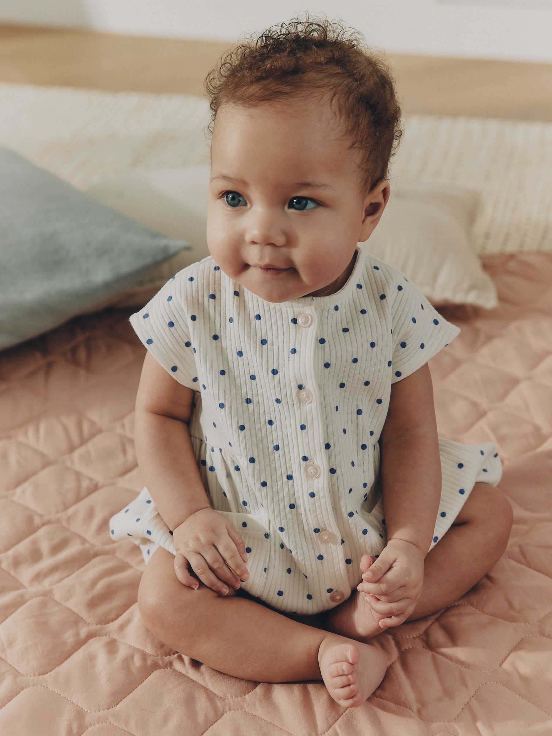 Blue/White Button Through Button Through Baby Rompers 3 Pack image 7